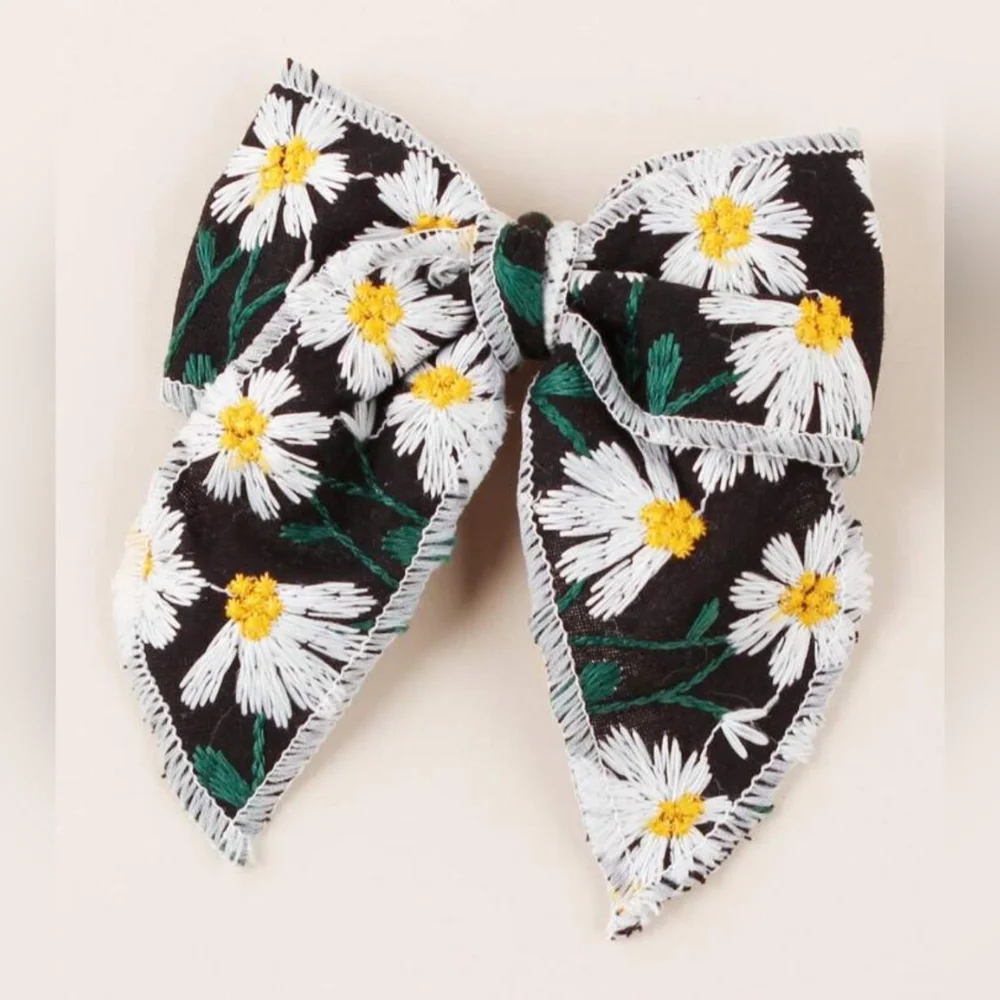 Girls Embroidered Daisy Floral Bow Hair Clip Oversize Ponytail Barette Accessory